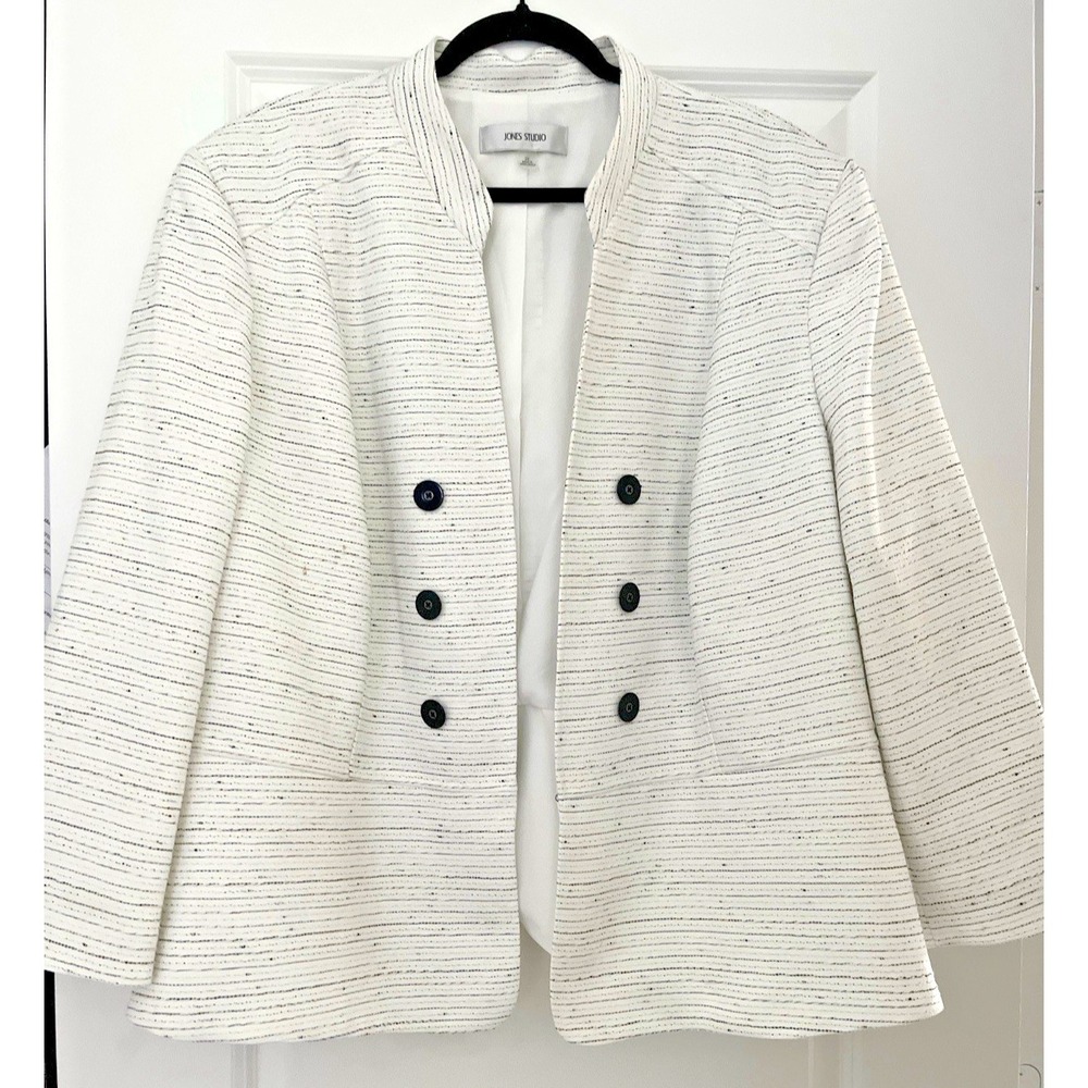 Jones Studio Textured Blazer Jacket 3X Cream Black Stripe Open Front Career Jack - Picture 2 of 3